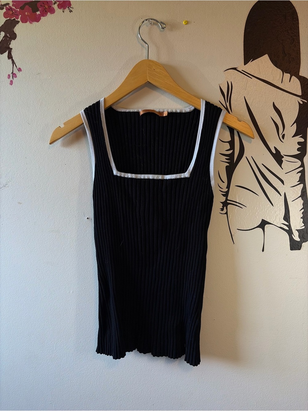 Black Ribbed Square-Neck Tank with White Trim